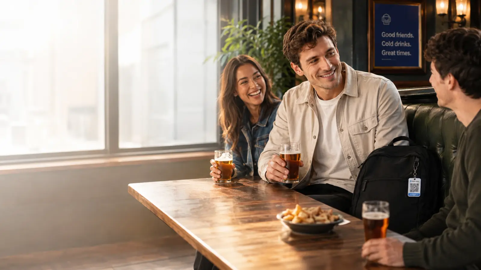 Three friends laughing over a pint in a pub, a ScanIfLost tag clipped to the backpack beside them.